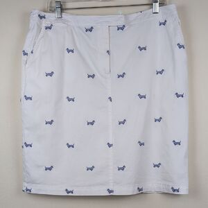 Talbots White Cotton Pencil Skirt Blue Embroidered Dachshund Dog Print Size 14